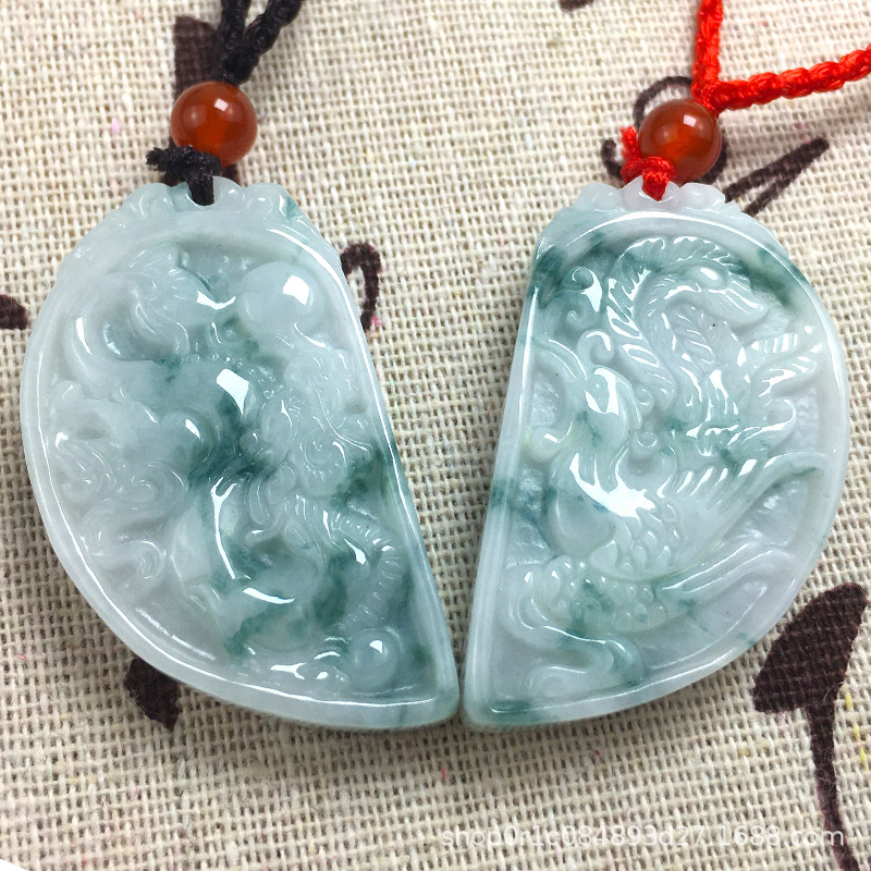 天然a货翡翠吊坠男女一对情侣款龙凤呈祥对牌飘花玉挂坠定情信物