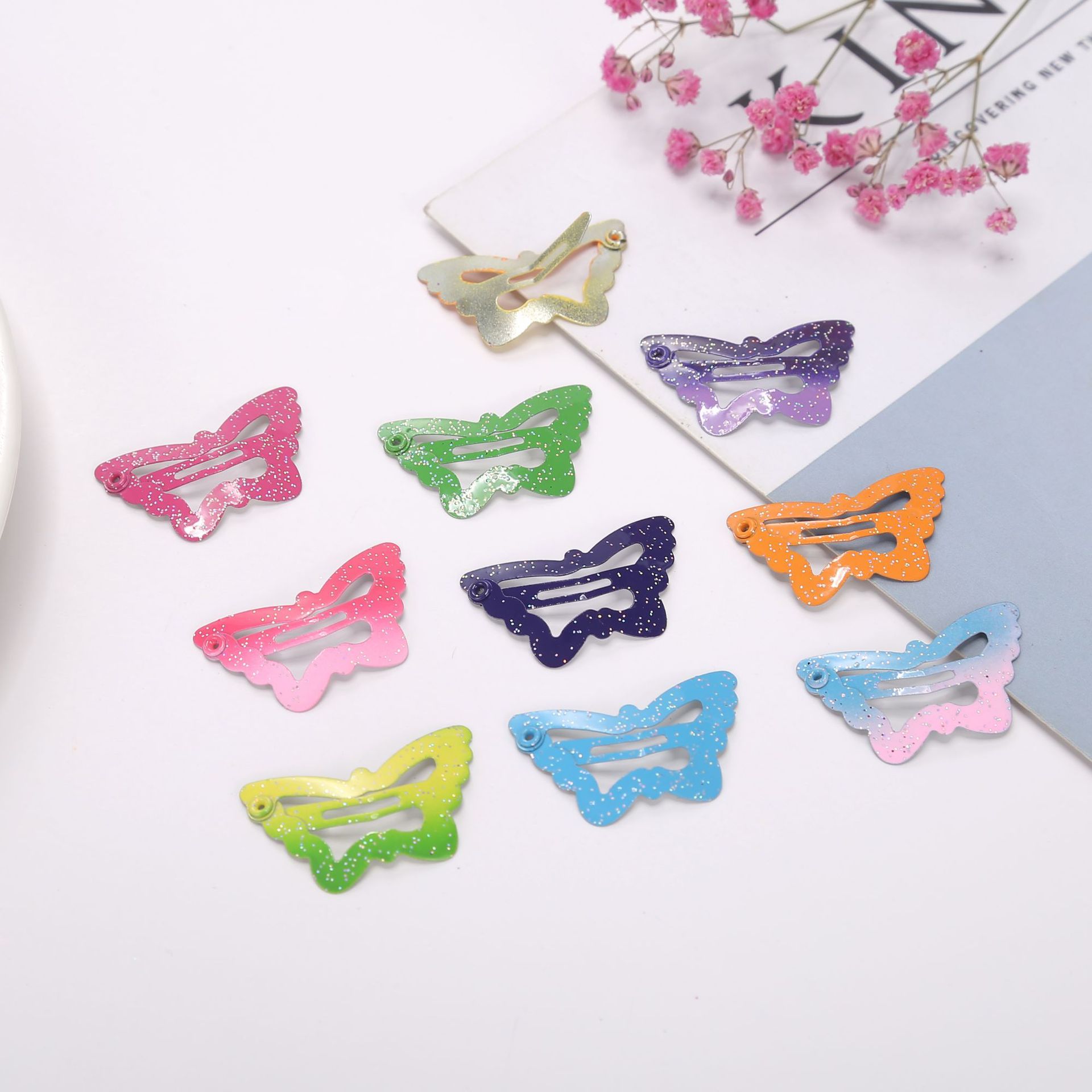 韩版儿童发夹彩色bb夹闪粉蝴蝶夹撒粉小清新糖果发饰边夹发卡批发