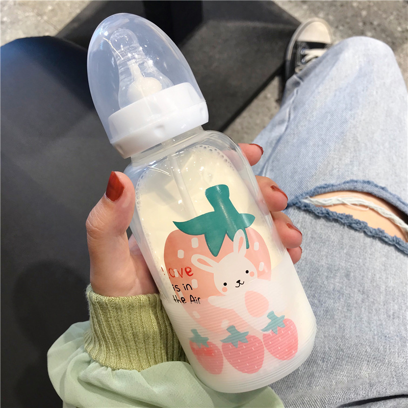 Cute Adult Baby Bottle Water Cup Strawberry Rabbit Straw Nipple Glass Cup Girl Heart Student Korean Tumbler Cute