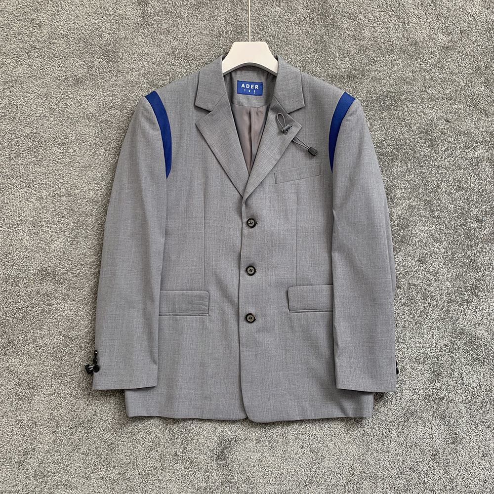 高端货 ader error 灰色蓝条抽绳西装外套 独特设计师不规则残缺