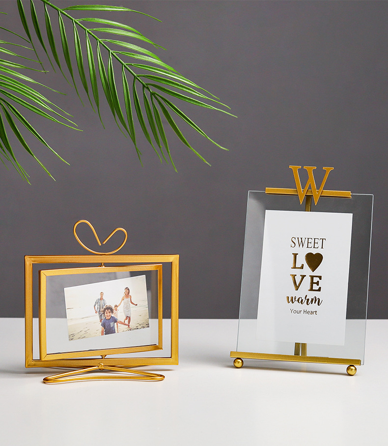 欧式简约创意铁艺几何摆台式相框摆件婚纱照片夹立体铁艺相框批发