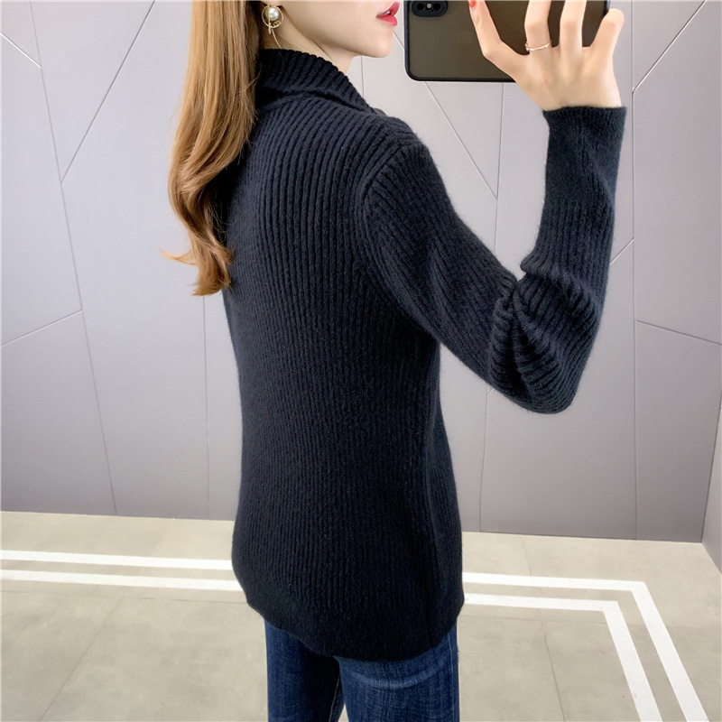 秋冬加厚韩版复古拉链半开大翻领毛衣女洋气套头针织衫宽松外套潮