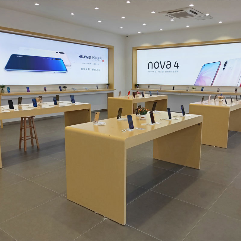 厂家直供设计制作木纹色烤漆展柜华为3.5手机配件柜展示桌体验台