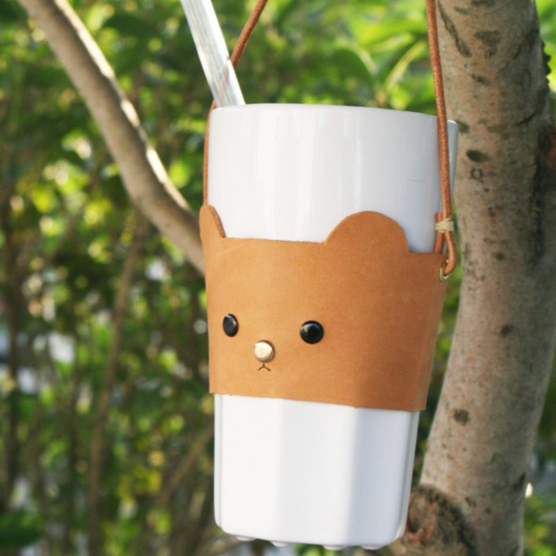 手工制作奶茶杯收纳袋 卡通饮料杯手提袋 创意皮革杯套