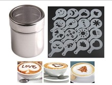 304不锈钢撒粉器+16个咖啡拉花模具印花模型+塑料咖啡豆勺