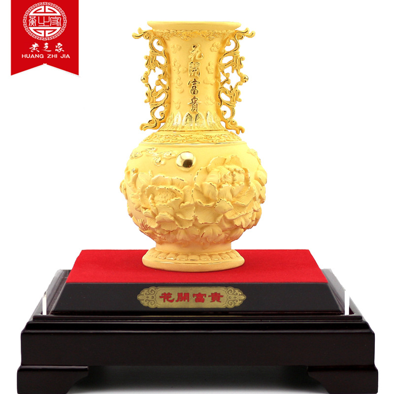 花开富贵大花瓶摆件 绒沙金宝瓶工艺品 家居黄金花瓶玄关招财摆台