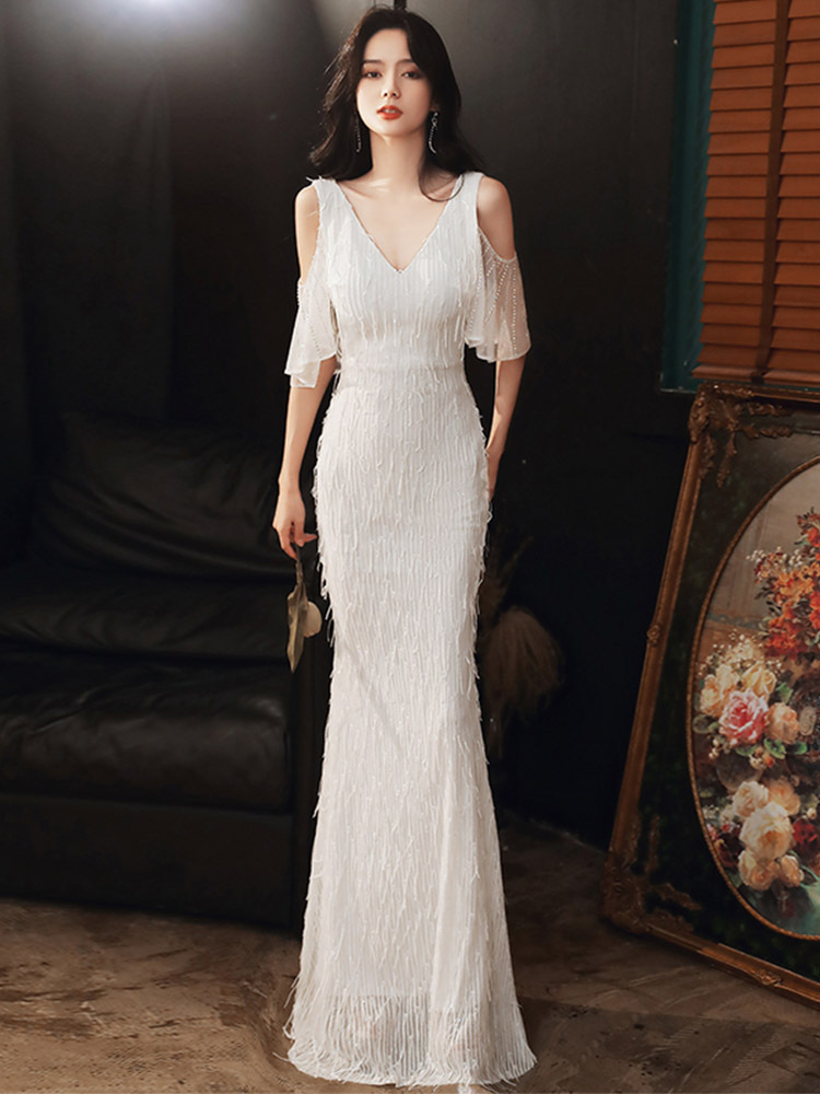 白色鱼尾晚礼服女2022新款长款大气名媛主持人连衣裙性感v领