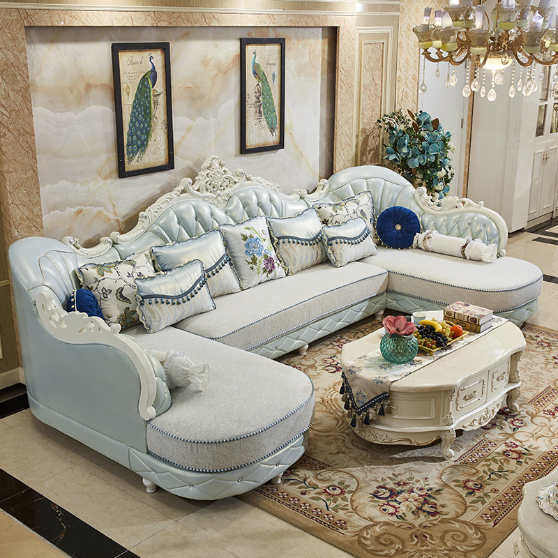 欧式u型沙发左右双贵妃皮布结合简欧客厅整装实木真皮沙发可拆洗