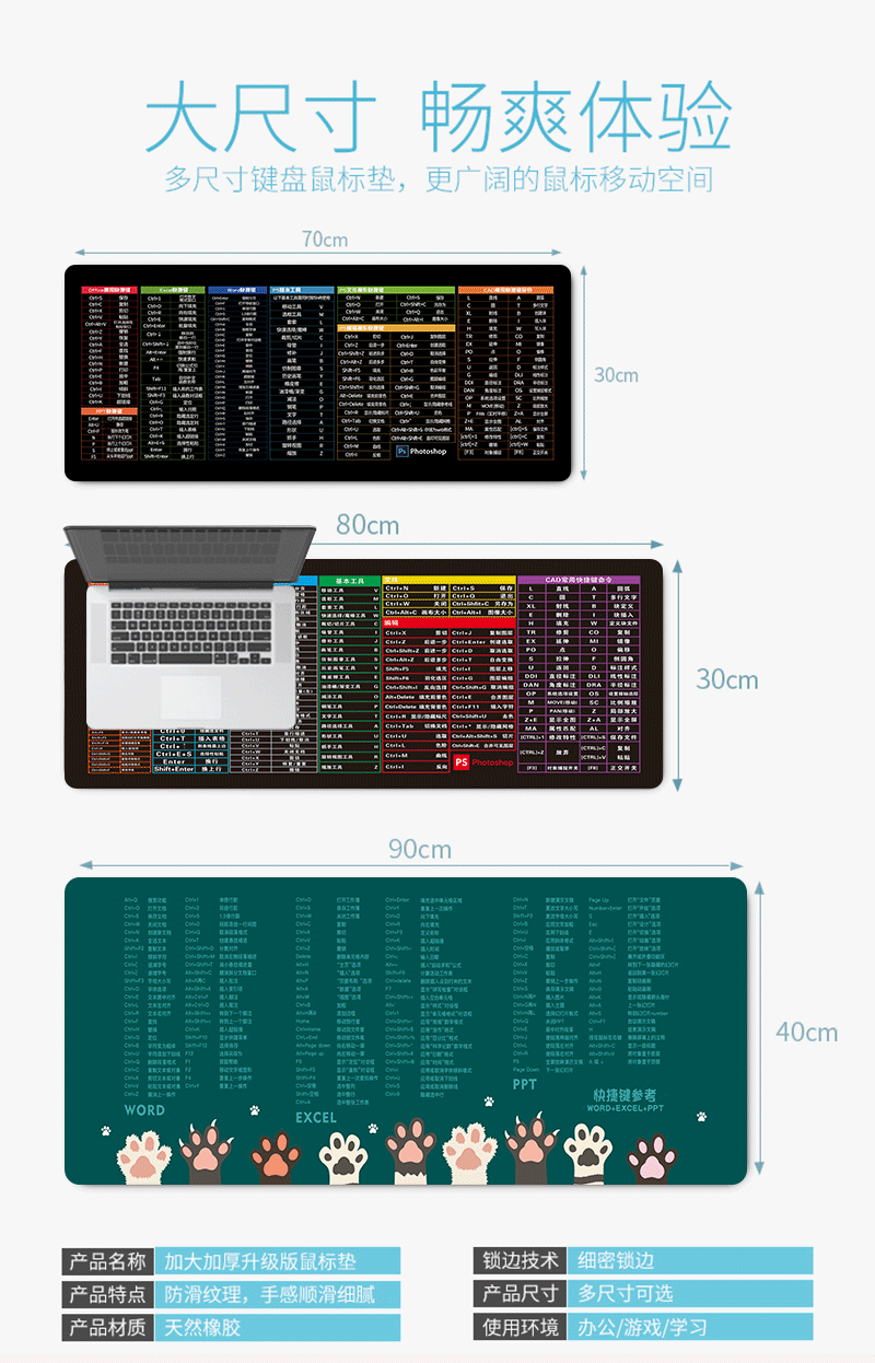 ps快捷键鼠标垫cad/excel/ppt/加厚加大常用快捷键办公软件桌面垫