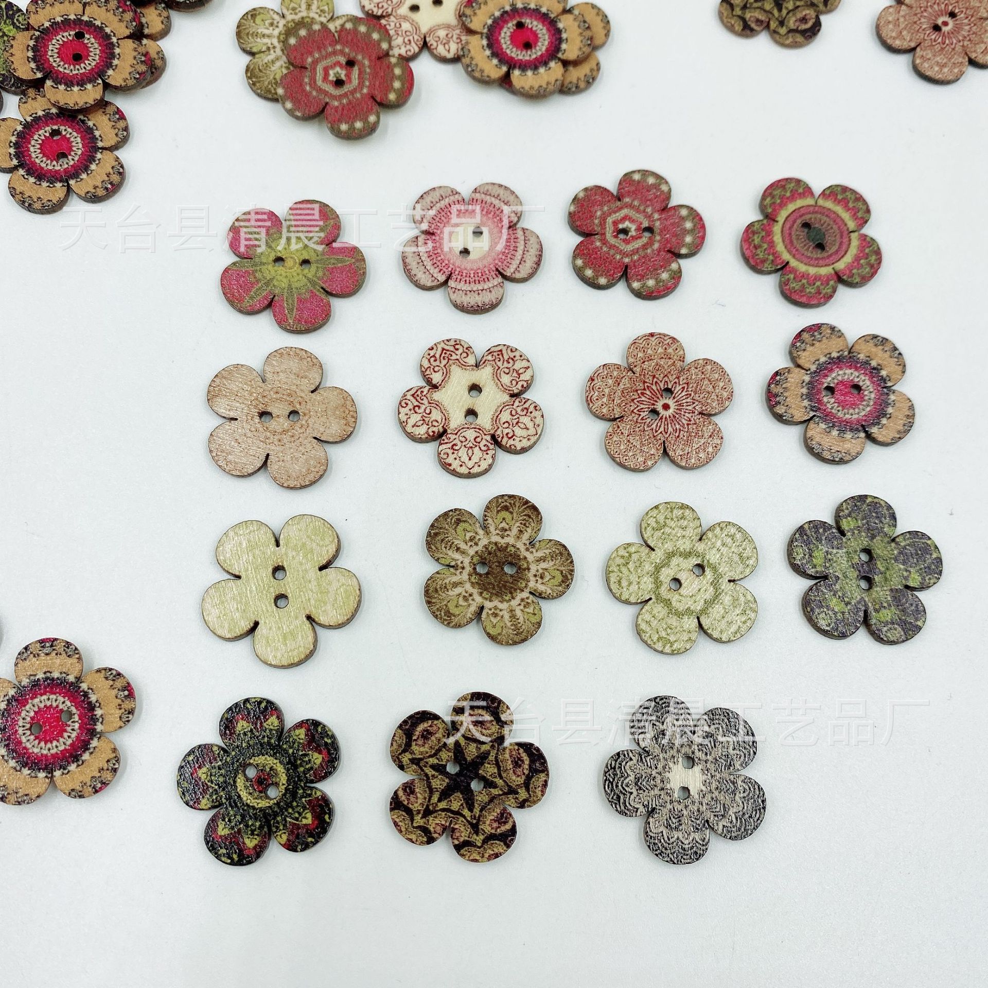 彩绘花朵木纽扣五朵花木扣diy装饰印花木质纽扣100个一包