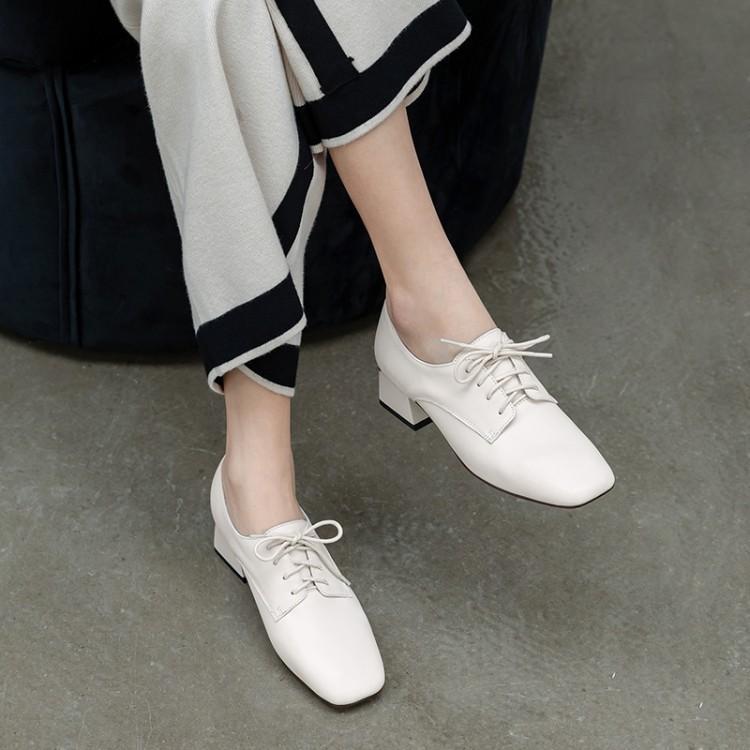 鞋女米白色女鞋系带鞋子粗跟中跟单鞋方头牛皮真皮鞋大码鞋 rlbt
