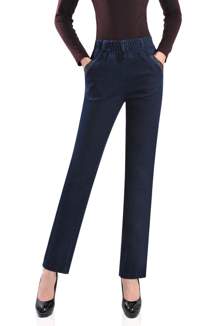 中老年女裤中年女士牛仔裤高腰大码绣花弹力妈妈裤女装女裤松紧腰