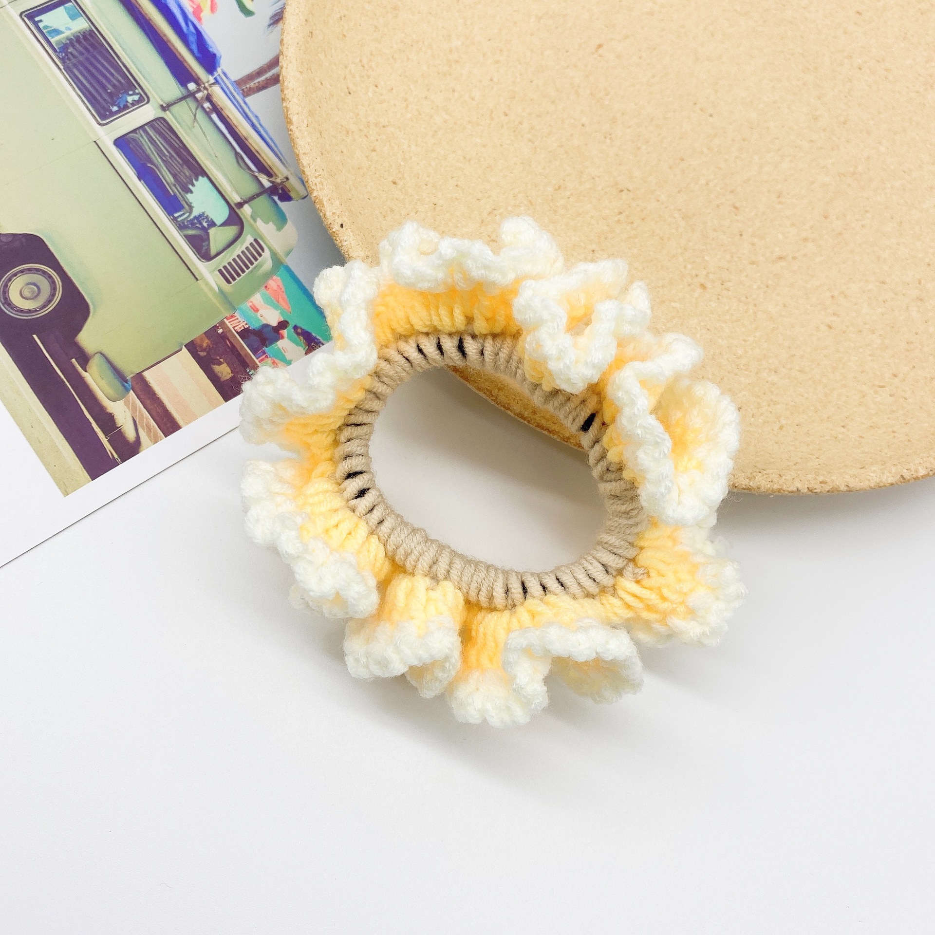 秋冬新款复古拼色毛线发圈波浪编织发绳丸子头绳发饰