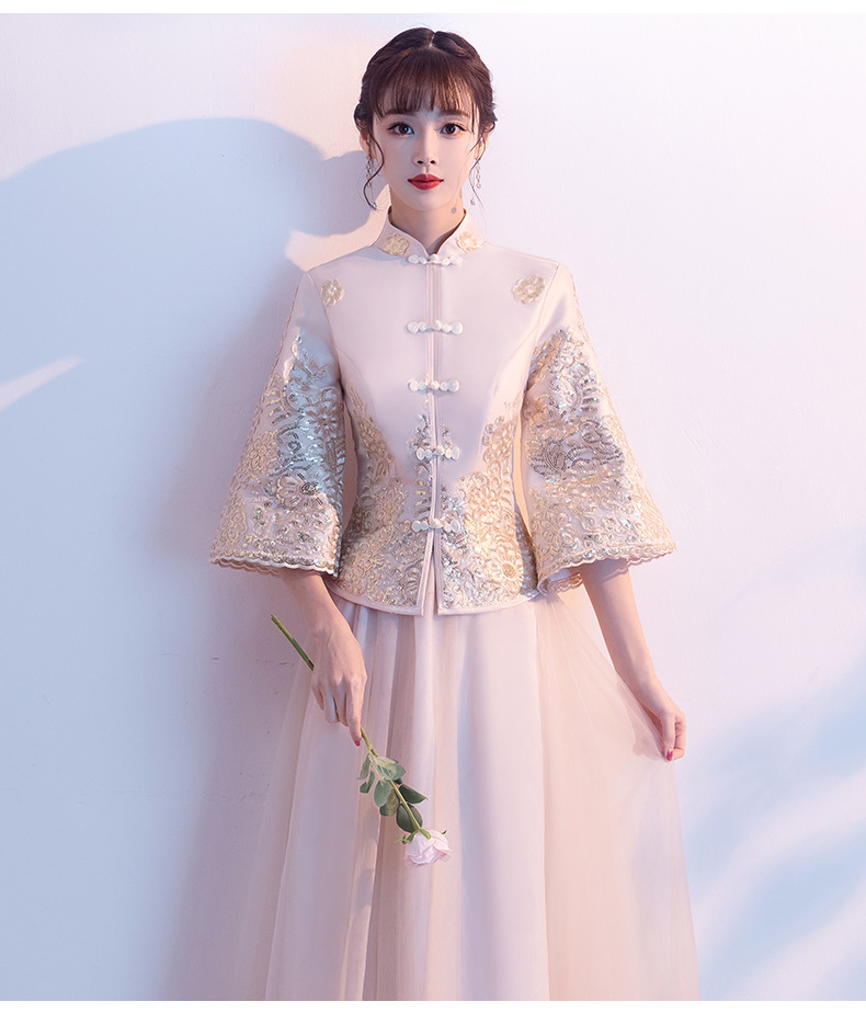 中式伴娘服宴会2020年新款春季香槟色仙长款秀禾服姐妹团伴娘礼服