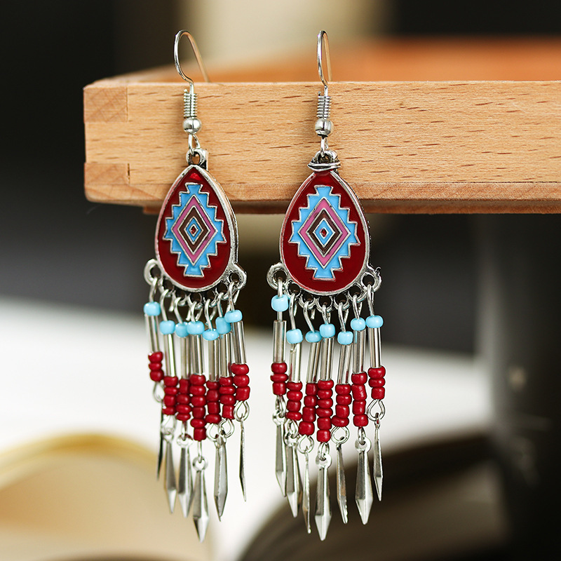 Retro Water Drop Petite Earrings Female Painting Oil Diamond Multi-Layer Bead Short Earrings Creative Personality Small Gift