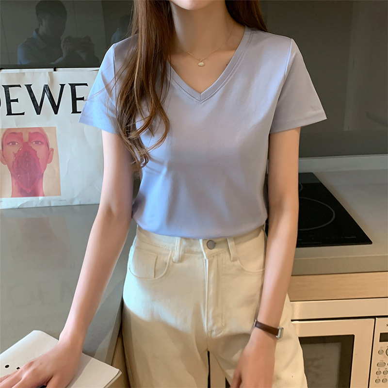 Double-Sided 80 Mercerized Cotton White Short-Sleeved T-shirt Women's Loose round V-neck Cotton T-shirt Summer All-Match Bottoming Shirt