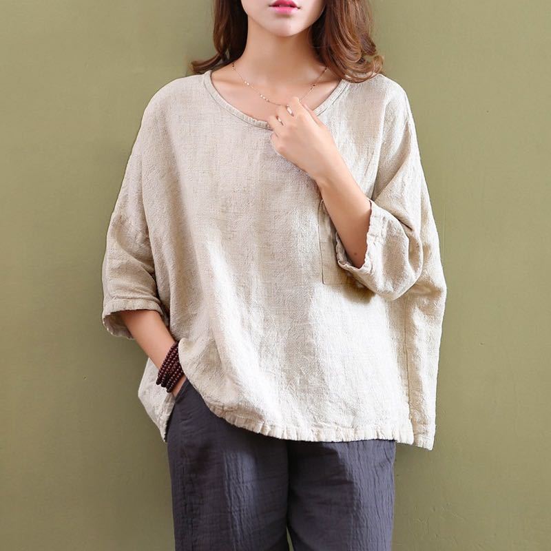 胖妹妹款宽松棉麻wish 文艺气质女装大码女式衬衫亚麻上衣打底t恤