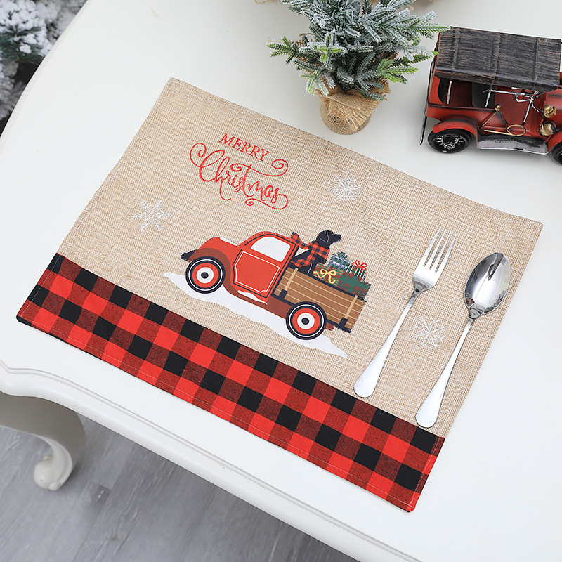 Cross-Border New Arrival Family Decorations Plaid Linen Cartoon Car Tableware Mat Creative Style Tractor Placemat in Stock