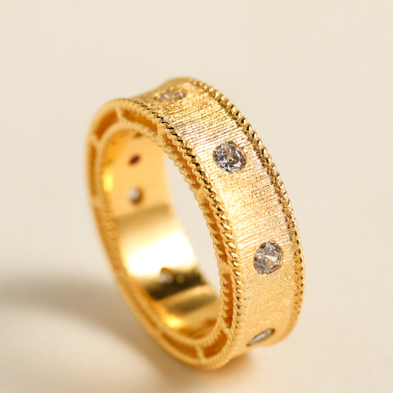 意大利工艺戒指宫庭风s925银镀金指环锆石复古分色拉丝女戒