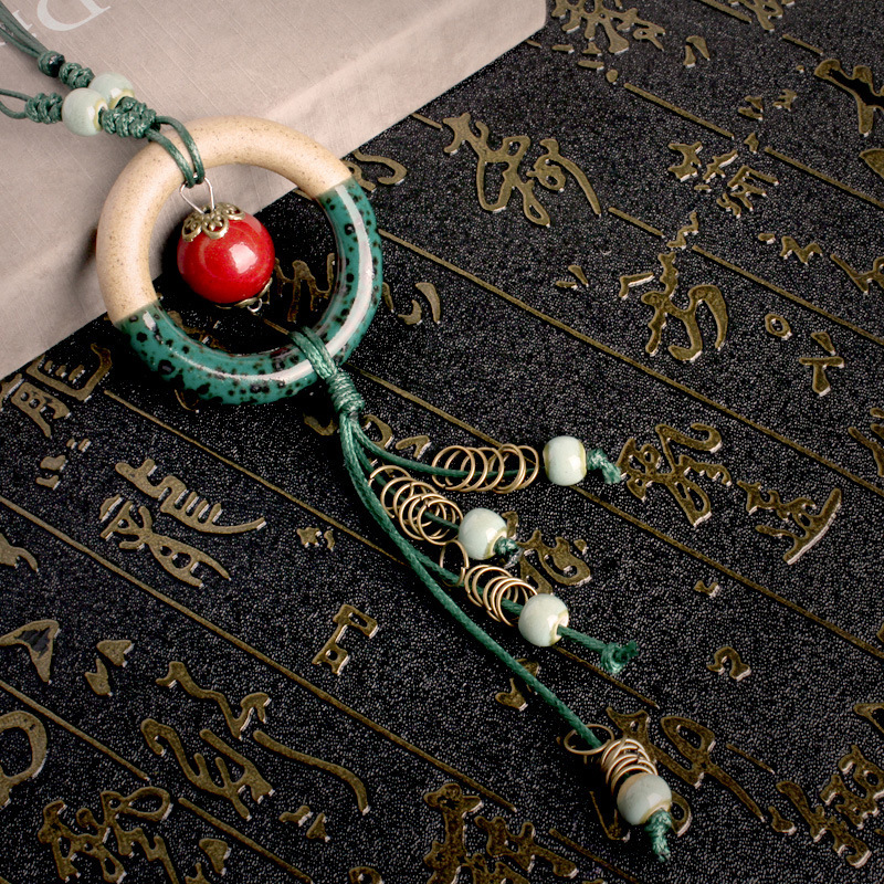 复古中国风陶瓷项链 简约传统民族风配饰 长款文艺范毛衣链地摊货