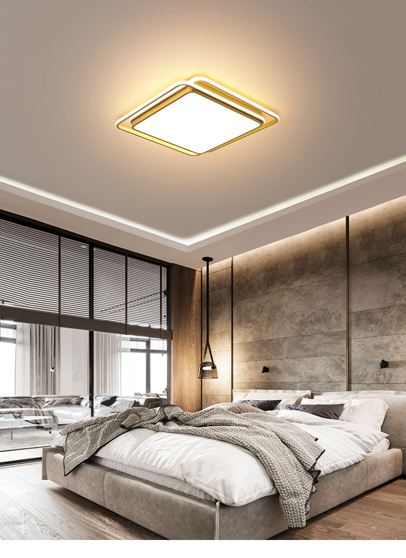 方形led卧室灯具 简约现代吸顶灯大气家用客厅灯金色书房主卧灯饰