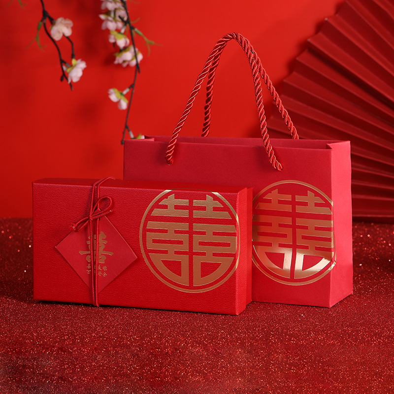 厂家直销中式红色喜庆圆喜结婚喜糖盒 长方形烫金喜字礼品糖果盒