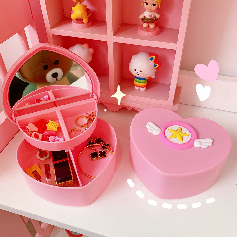 粉色少女心收纳盒饰品桌面首饰盒少女樱星星爱心收纳盒双层置物盒