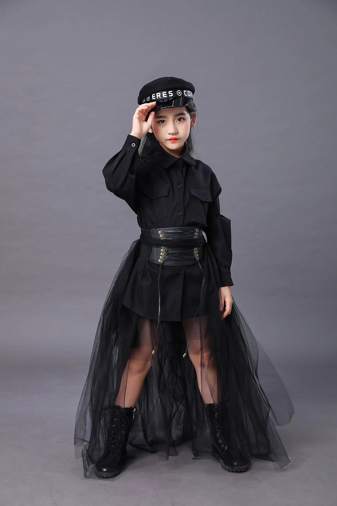 儿童黑色套装女童模特比赛t台时尚走秀服装礼服六一演出西服潮夏