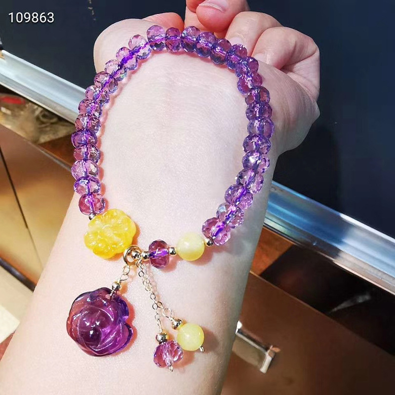 自然紫水晶盘珠手链搭配蜜蜡小花紫水晶雕刻小花吊坠