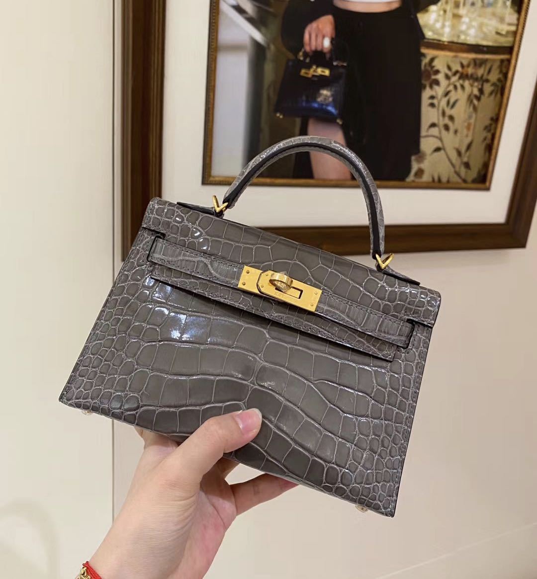 全手工进口美洲方块鳄鱼皮凯莉迷你二代单肩斜挎小包女斑鸠灰