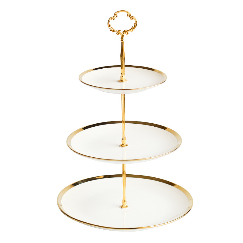 European Golden Rim Ceramic Three-Layer Fruit Plate Cake Stand Household Living Room Coffee Table Afternoon Tea Candy Dessert Dessert Plate