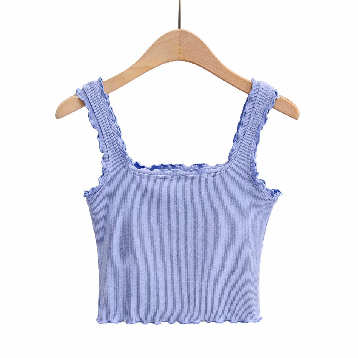 夏季新款欧美女装时尚纯色木耳边窄肩吊带背心上衣c7433