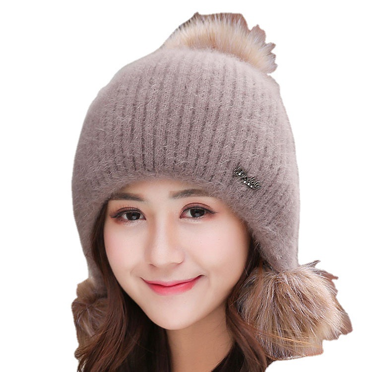 兔毛帽子女士冬天加绒加厚韩版女孩时尚甜美秋冬季保暖针织毛线帽