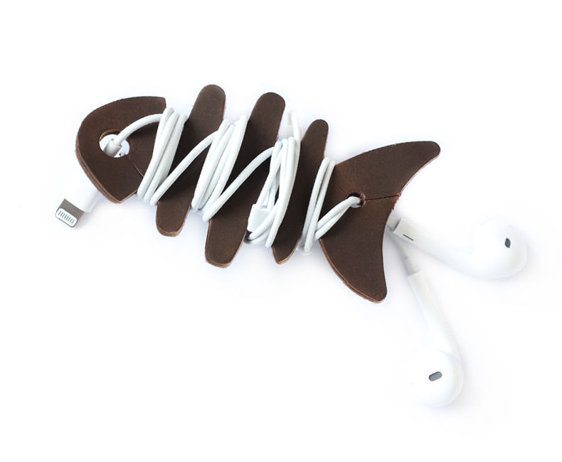 创意疯马牛皮鱼骨耳机绕线器真皮集线器usb收纳数据线分线器定制