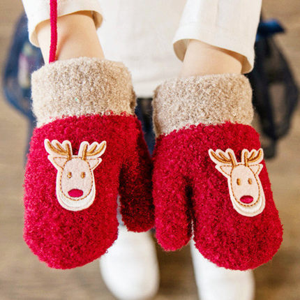 冬季儿童手套宝宝可爱连指加绒加厚包指全指男孩女孩圣诞保暖手套