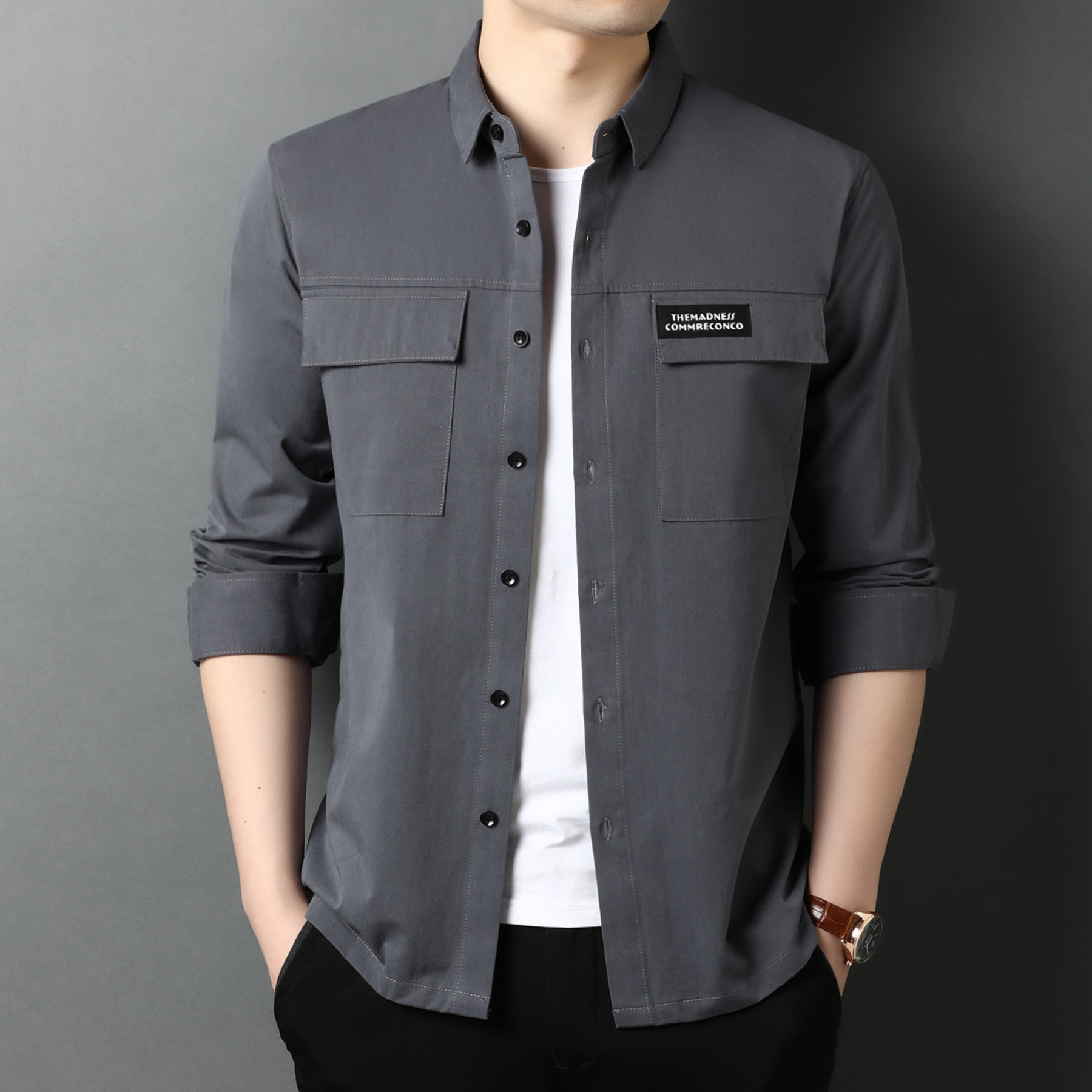 工装多口袋衬衫男长袖春秋季纯色翻领商务休闲中青年男士全棉衬衣