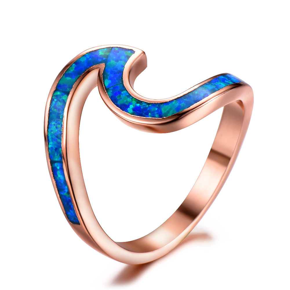 戒指 欧美夸张创意设计 玫瑰金 蓝色澳宝鲨鱼2字形戒指一件代发