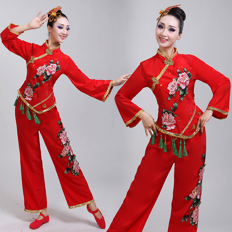 新款成人秧歌服套装女古典舞演出服装民族腰鼓广场舞蹈晚会表演服