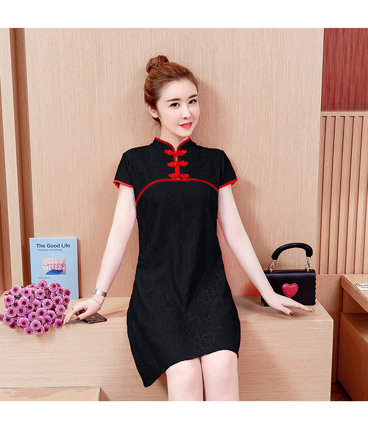 2020春夏新款胖mm马蹄袖时尚改良旗袍中长款蕾丝连衣裙