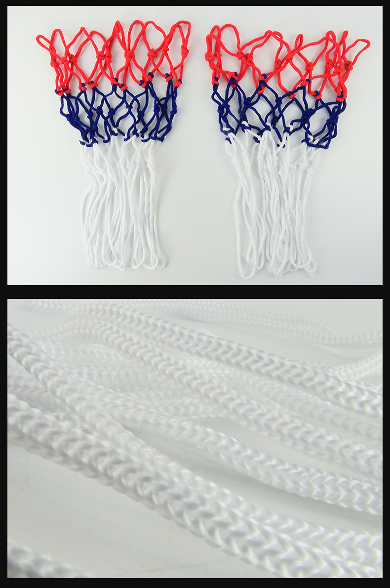 标准大小职业球赛篮球网红白蓝三色编织丙纶圆钩编绳球网现货销售