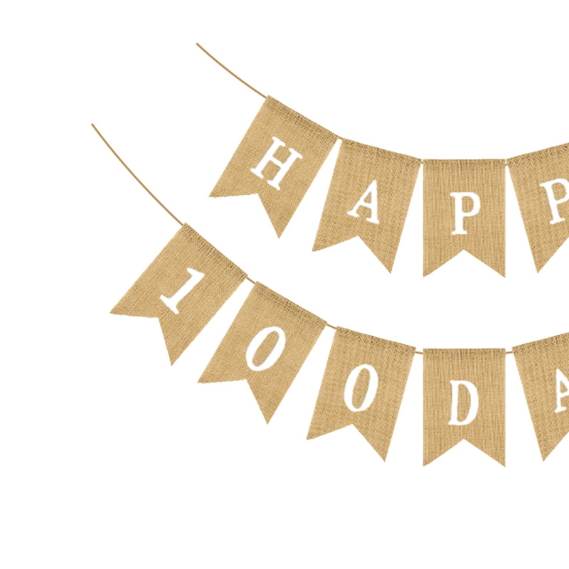 生日装饰鱼尾旗宝宝100天串旗百天happy 100 days麻布燕尾拉旗