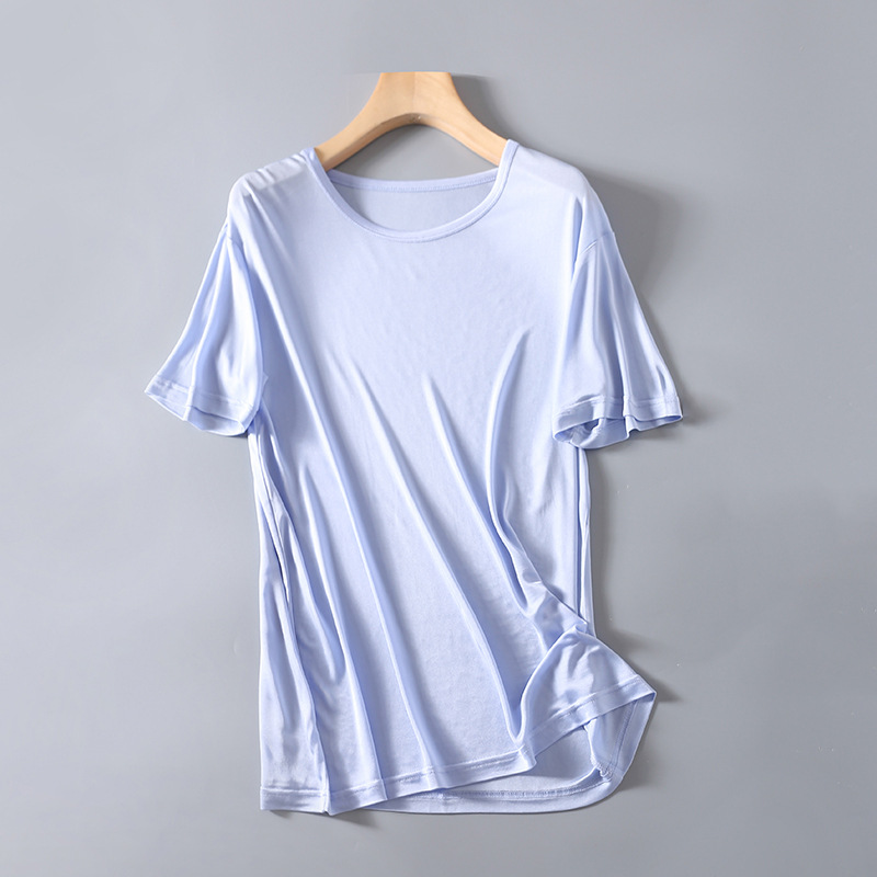 夏季高档桑蚕丝男士t恤双面针织真丝短袖圆领文化汗衫打底衫睡衣