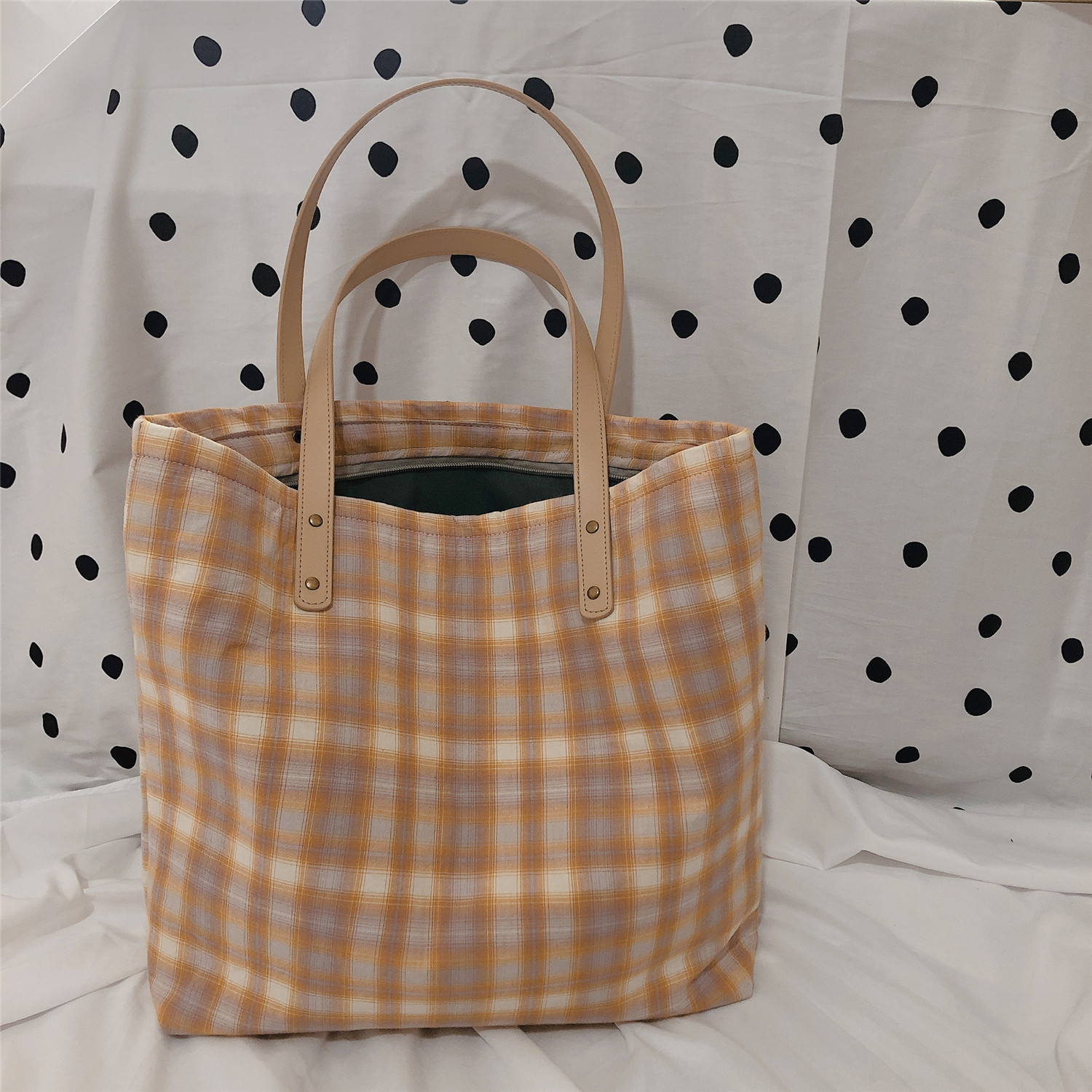 【归蝶布包】春夏新款大布包格子文艺清新日系学生女棉布单肩包