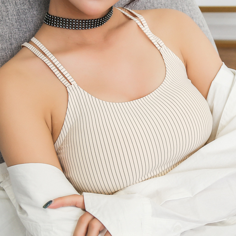竖条纹吊带打底衫少女小背心无钢圈内衣文胸胸垫冰丝裹胸美背抹胸
