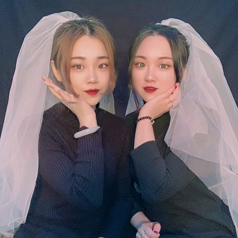 白色结婚头纱闺蜜拍照头纱短款头纱头饰超仙森系网红拍照道具
