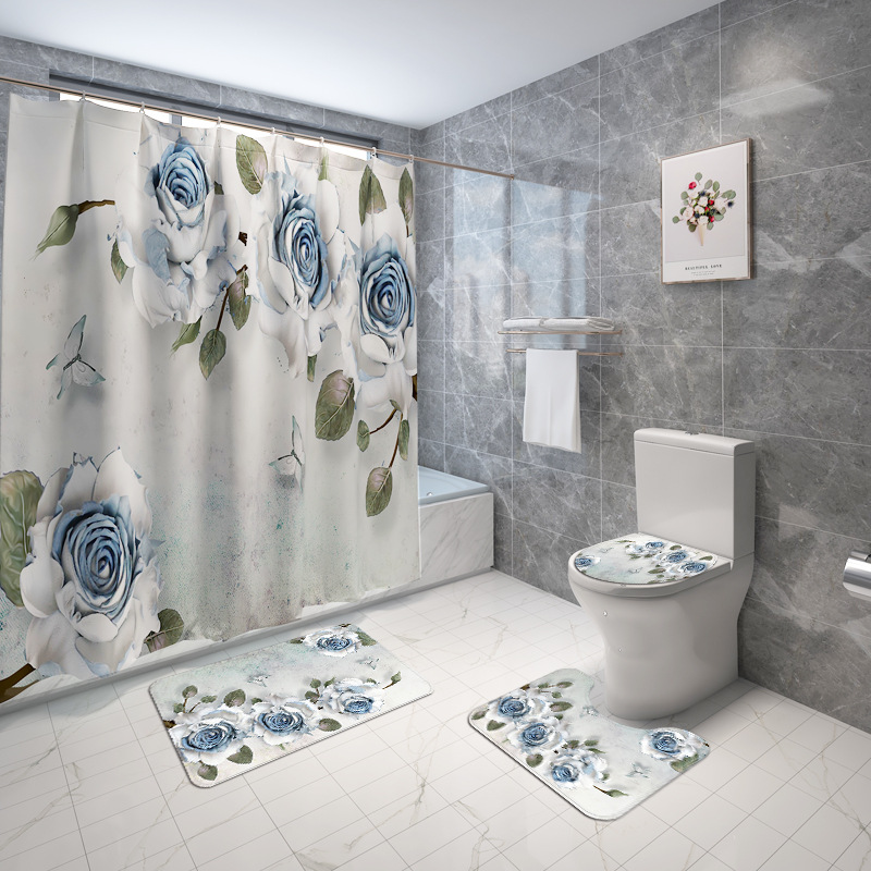 Cross-Border New Arrival Flower Butterfly Printing Waterproof Shower Curtain Household Carpet Four-Piece Set Flower and Grass Series to Figure DIY