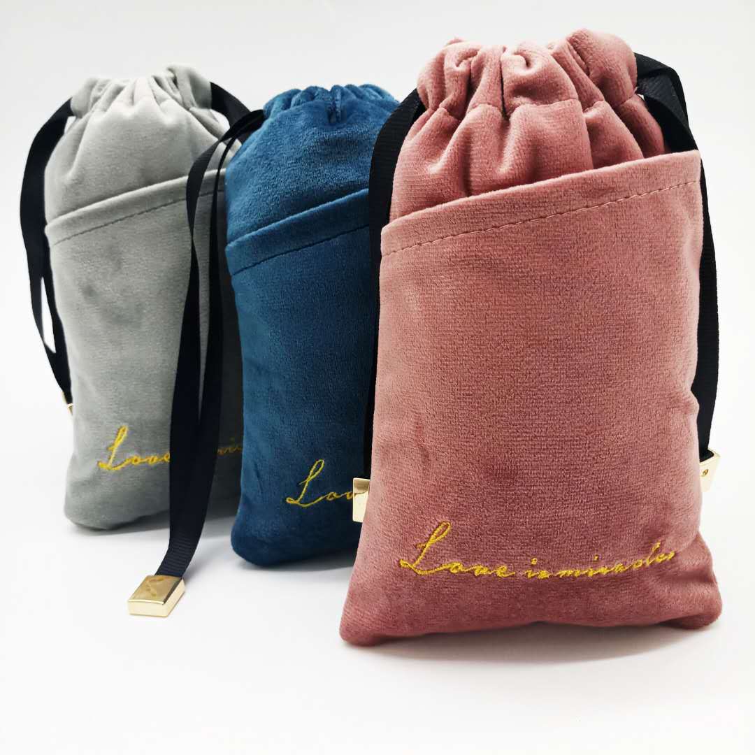 天鹅绒丝绒刺绣收纳袋小布袋子抽绳束口袋手机化妆旅行包防尘挂袋