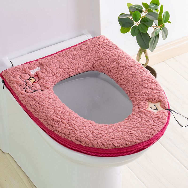 New Wool Lamb Velvet Toilet Mat with Handle Thickened Toilet Seat Cover Zipper Embroidery Toilet Cushion Seat Cushion Cotton Velvet