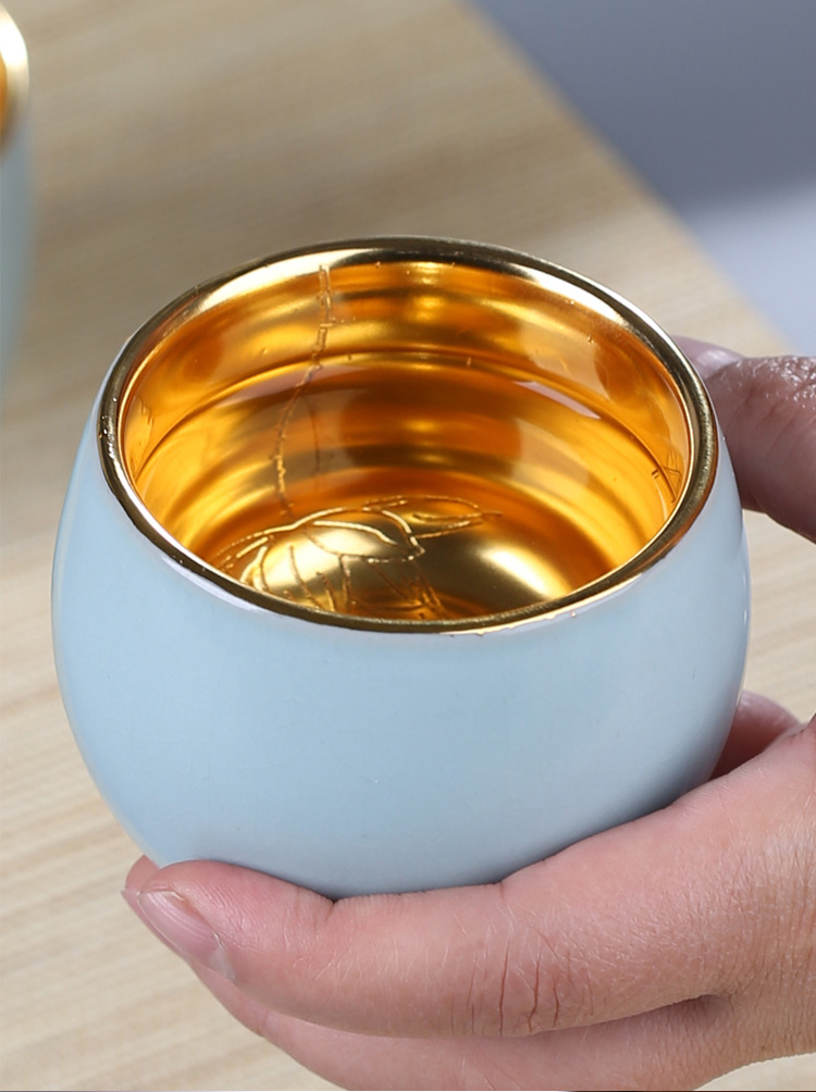 描金荷花品茗杯24k纯金茶杯水杯茶具999鎏金汝窑主人杯大号茶盏
