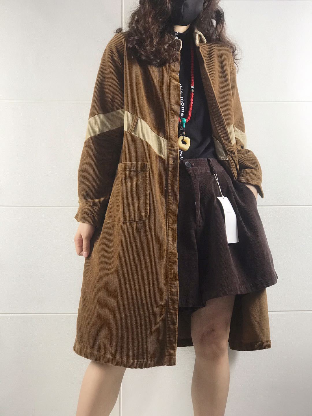 灯芯绒大外套女中长款 高端欧货翻领长袖单排扣单层条绒大码开衫